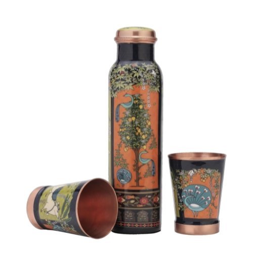 Mist Vanavaibhav Copper Water Bottle with 2 Glasses, Ideal for Gifting and Daily Use